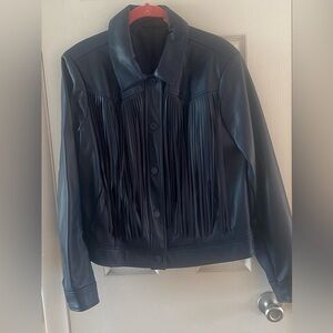 G by Giuliana Navy Blue Fringe Faux Leather Jacket - Women